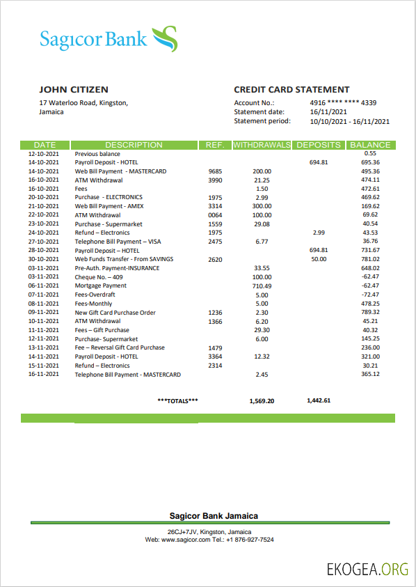 Modèle de relevé de la Jamaica Sagicor Bank, format Word et PDF (.doc et .pdf)